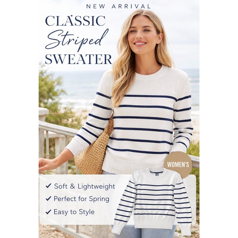 Puma Women's Striped Crewneck Sweater White Navy Golf Lightweight Size L